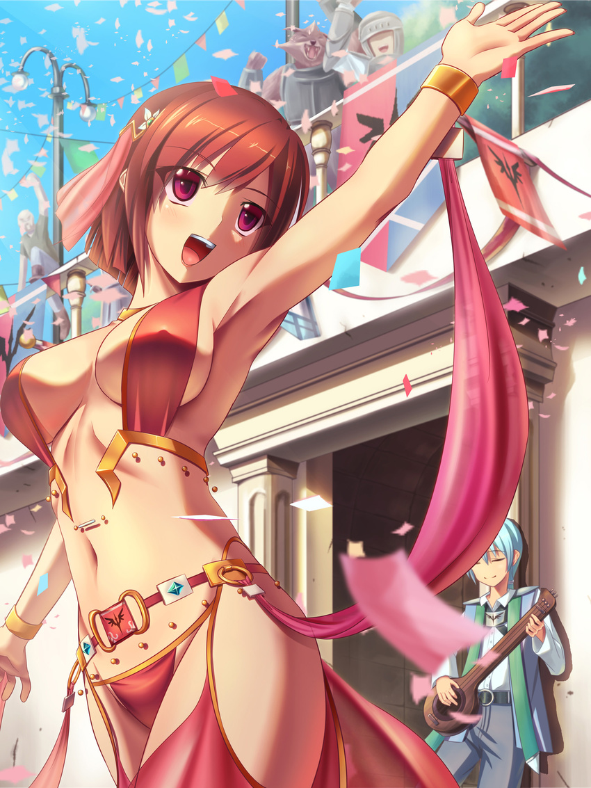 1girl armpits blue_hair bracelet breasts brown_hair closed_eyes dancer hair_ornament happy highres hyui_cf2 instrument jewelry large_breasts navel open_mouth pixiv_fantasia pixiv_fantasia_new_world purple_eyes short_hair