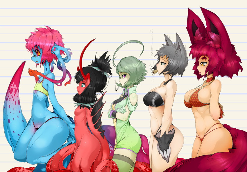 animal_ears big_breasts big_ears black_hair blue_body breasts cat_ears catgirl cleavage clothed clothing comparing crossed_arms cteno female flat_chested gloves green_eyes grey_hair hair hands_behind_back horn legwear looking_at_viewer monster monster_girl mouth_hold naughty_face not_furry nude pale_skin pink_eyes pink_hair plain_background red_body red_hair short_hair short_shirt side_view size_comparison slugbox smoking standing tentacles thigh_highs thong tongue wide_hips