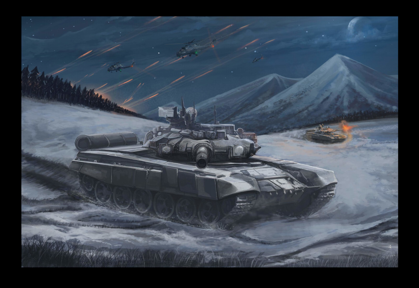 aiming_at_viewer aircraft battle black_border border cannon caterpillar_tracks cloud firing forest grass ground_vehicle helicopter highres military military_vehicle moon motor_vehicle mountain nature night no_humans original outdoors sky snow t-90 tank tank_focus tree turret windowboxed