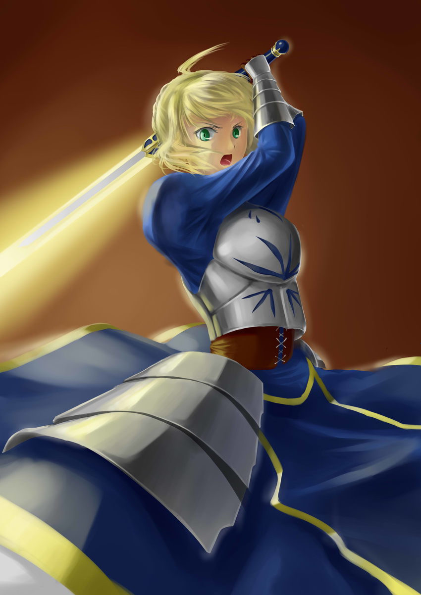absurdres ahoge armor armored_dress artoria_pendragon_(all) blonde_hair breastplate ccjn dress excalibur fate/stay_night fate_(series) faulds gauntlets glowing glowing_sword glowing_weapon green_eyes hair_ribbon highres ribbon saber solo sword weapon