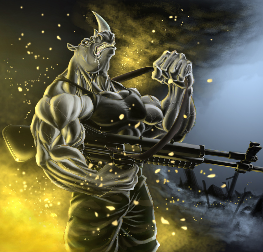 amazing anthro biceps big_muscles clenched_teeth clothing drooling fire flexing grey_skin gun horn karuma9 m60 machine_gun male mammal muscles pants pecs pose ranged_weapon rhinoceros saliva scales shirt solo standing stoner_m63 strap tank_top teeth toned vein weapon