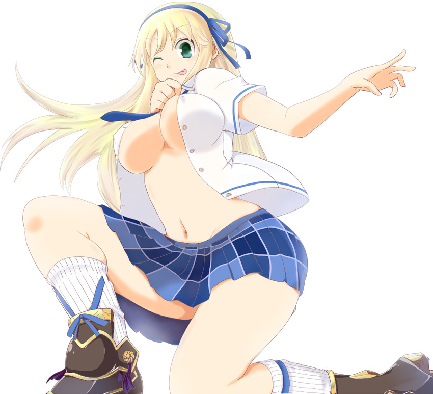 ;p blonde_hair blue_neckwear boots breasts green_eyes hair_ribbon hellgassa katsuragi_(senran_kagura) large_breasts long_hair necktie no_bra one_eye_closed open_clothes open_shirt plaid plaid_skirt ribbon senran_kagura senran_kagura_shoujo-tachi_no_shin'ei shirt simple_background skirt smile socks tongue tongue_out