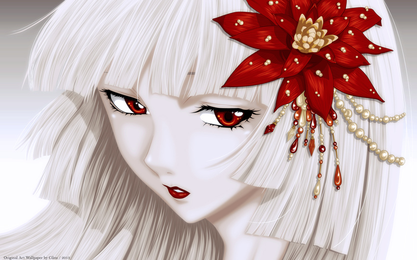 flowers red_eyes tagme_(artist) white_hair