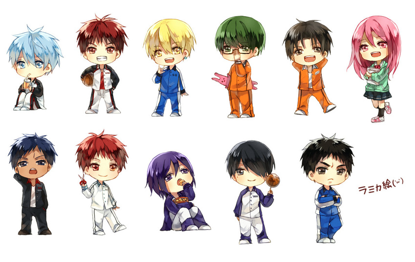 6+boys akashi_seijuurou aomine_daiki basketball character_request chibi himuro_tatsuya hyuuga_junpei kagami_taiga kise_ryouta kuroko_no_basuke kuroko_tetsuya midorima_shintarou mitobe_rinnosuke momoi_satsuki multiple_boys murasakibara_atsushi nesuke stuffed_animal stuffed_bunny stuffed_toy takao_kazunari track_suit