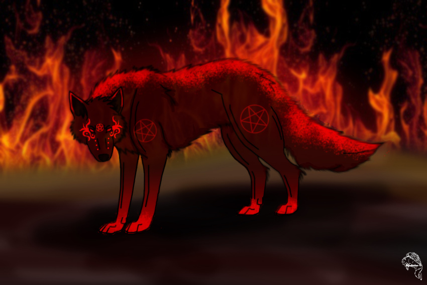 all_fours ambiguous_gender body_markings canine dark_theme darkness facial_piercing feral fire fur furry-specific_piercing looking_at_viewer mammal markings muzzle_piercing nose_piercing nude paws pentacle pentagram piercing red_eyes red_fur side_view solo wolf wolfnhorseluver101