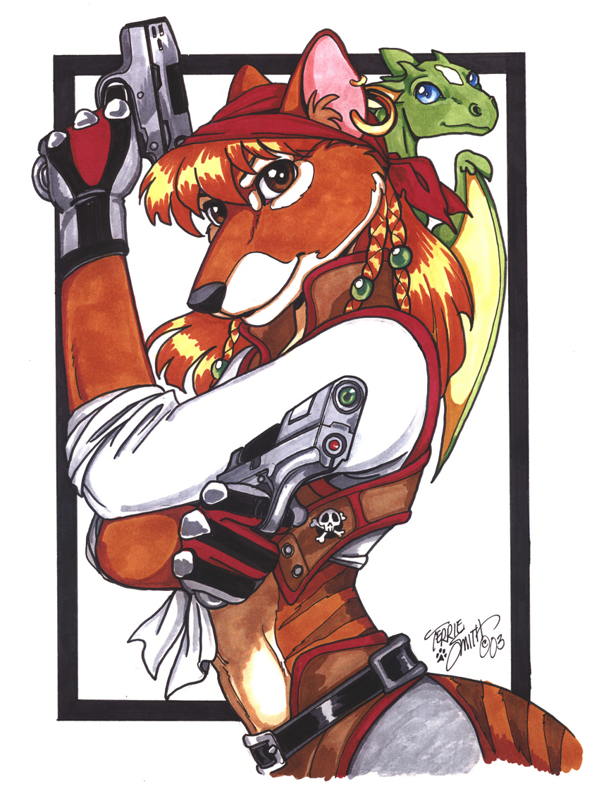 absurd_res anthro breasts dragon female gun hi_res looking_at_viewer pinup pistol pose ranged_weapon solo terrie_smith traditional_media weapon