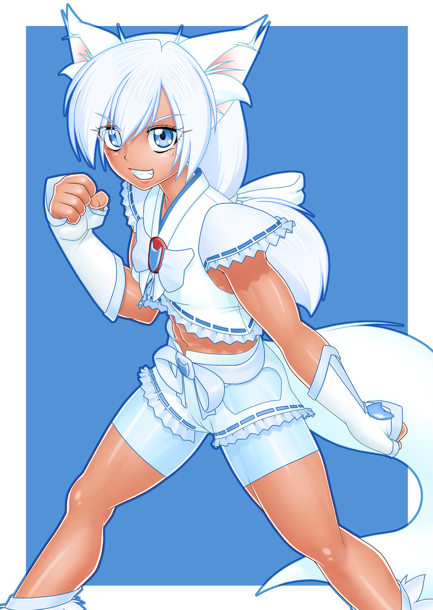 abs absurdres animal_ears bike_shorts blue_eyes blush border character_request dark_skin delica fighting_stance fingerless_gloves gloves grin hair_ribbon highres long_hair looking_at_viewer midriff muscle original parted_lips ribbon shorts smile solo spread_legs standing tail teeth white_hair