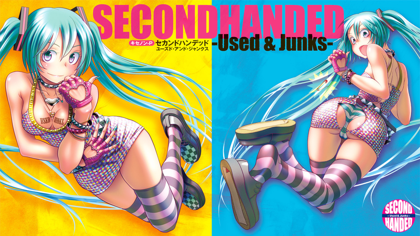 aqua_eyes aqua_hair ass ass_cutout belt blush breast_tattoo breasts cameltoe cleavage collar engrish fingerless_gloves gloves hatsune_miku highres jewelry long_hair looking_at_viewer looking_back medium_breasts nail_polish necklace open_mouth panties ranguage red_gloves safety_pin shiny shiny_skin shoe_dangle skindentation smile socks soles solo striped striped_legwear striped_panties tattoo thighhighs twintails underwear very_long_hair vocaloid wardrobe_malfunction wokada