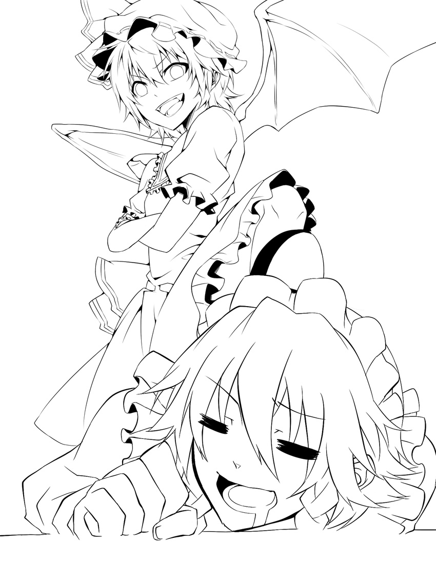 =_= bat_wings blue_dress closed_eyes crossed_arms dress drooling fang femdom greyscale hat hat_ribbon highres izayoi_sakuya lineart maid maid_headdress monochrome multiple_girls open_mouth puffy_sleeves remilia_scarlet ribbon short_sleeves simple_background smile touhou wa_(r_waizumi) wings