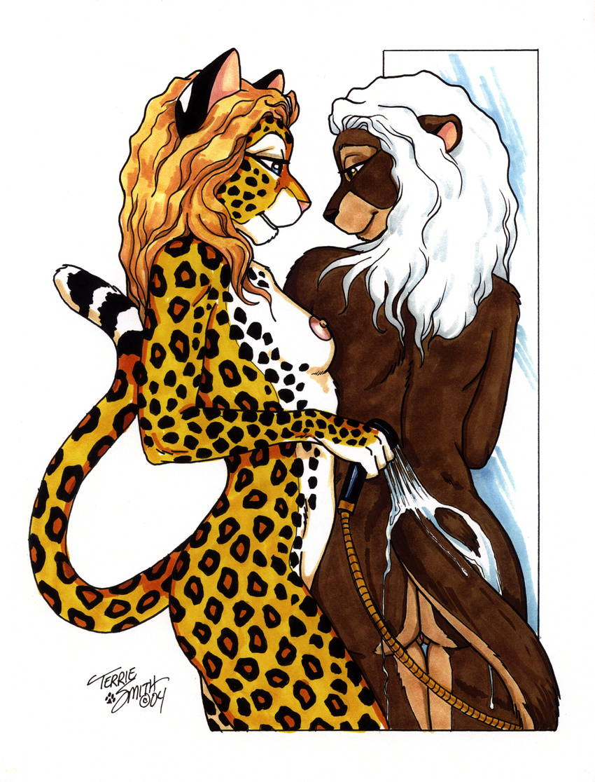 absurd_res anthro breasts butt duo feline female hi_res leopard mammal mustelid nipples nude otter pinup pose pussy shower terrie_smith traditional_media