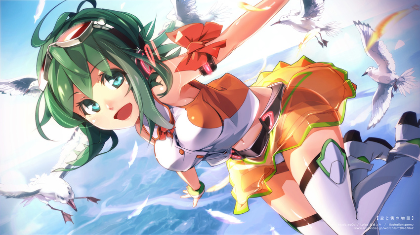 :d ahoge aqua_eyes armband bare_shoulders bird boots dutch_angle feathers flying goggles goggles_on_head green_hair gumi headphones highres midriff navel open_mouth outstretched_arms pemu seagull see-through short_hair skirt smile solo spread_arms thigh_boots thighhighs vocaloid white_legwear