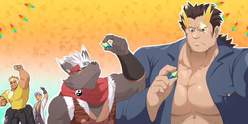 4boys 55mango :d absurdres animal_ears arm_up bara brown_hair character_request clenched_hand confused dark-skinned_male dark_skin dog_boy dog_ears facial_hair forehead_protector furry furry_male glint happy highres huge_pectorals large_pectorals lightning_bolt_symbol male_focus mature_male multiple_boys muscular muscular_male ninja open_clothes open_shirt pectoral_cleavage pectorals perspective shirt short_hair smile sparse_stubble stubble t-shirt tadatomo_(housamo) taishakuten_(housamo) thick_eyebrows tokyo_afterschool_summoners transient_stones_(housamo) ulaanbaatar_(housamo) uneven_eyes upper_body