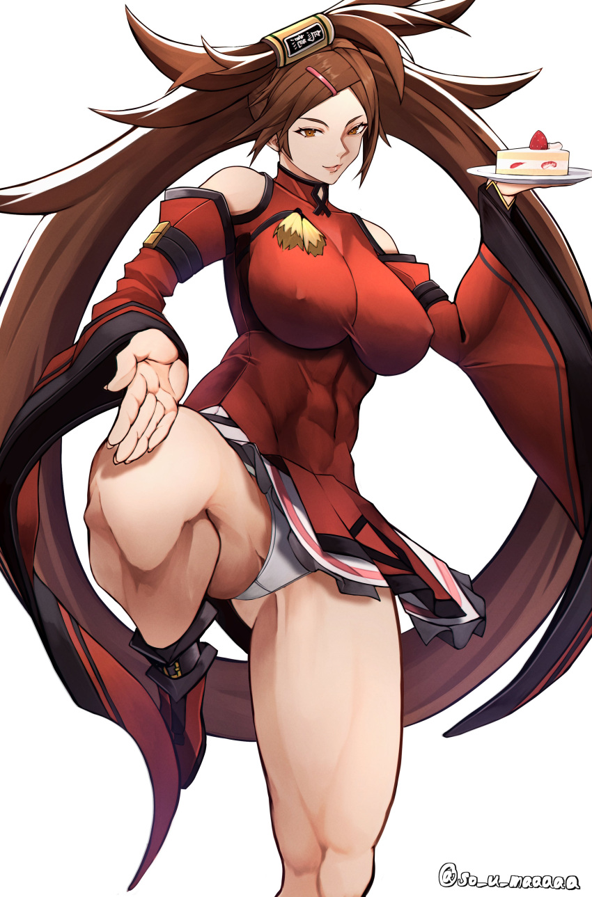 1girl absurdres bare_legs bare_shoulders birthday_cake breasts brown_eyes brown_hair cake china_dress chinese_clothes closed_mouth covered_nipples dress fighting_stance fingernails food guilty_gear guilty_gear_xrd hair_ornament hairclip happy_birthday highres holding holding_plate kuradoberi_jam large_breasts leg_up lips long_hair looking_at_viewer panties plate sharp_fingernails simple_background skin_tight skirt solo souma_(so_u_maaaaa) standing standing_on_one_leg thick_thighs thighs toned twitter_username underwear white_background white_panties wide_sleeves