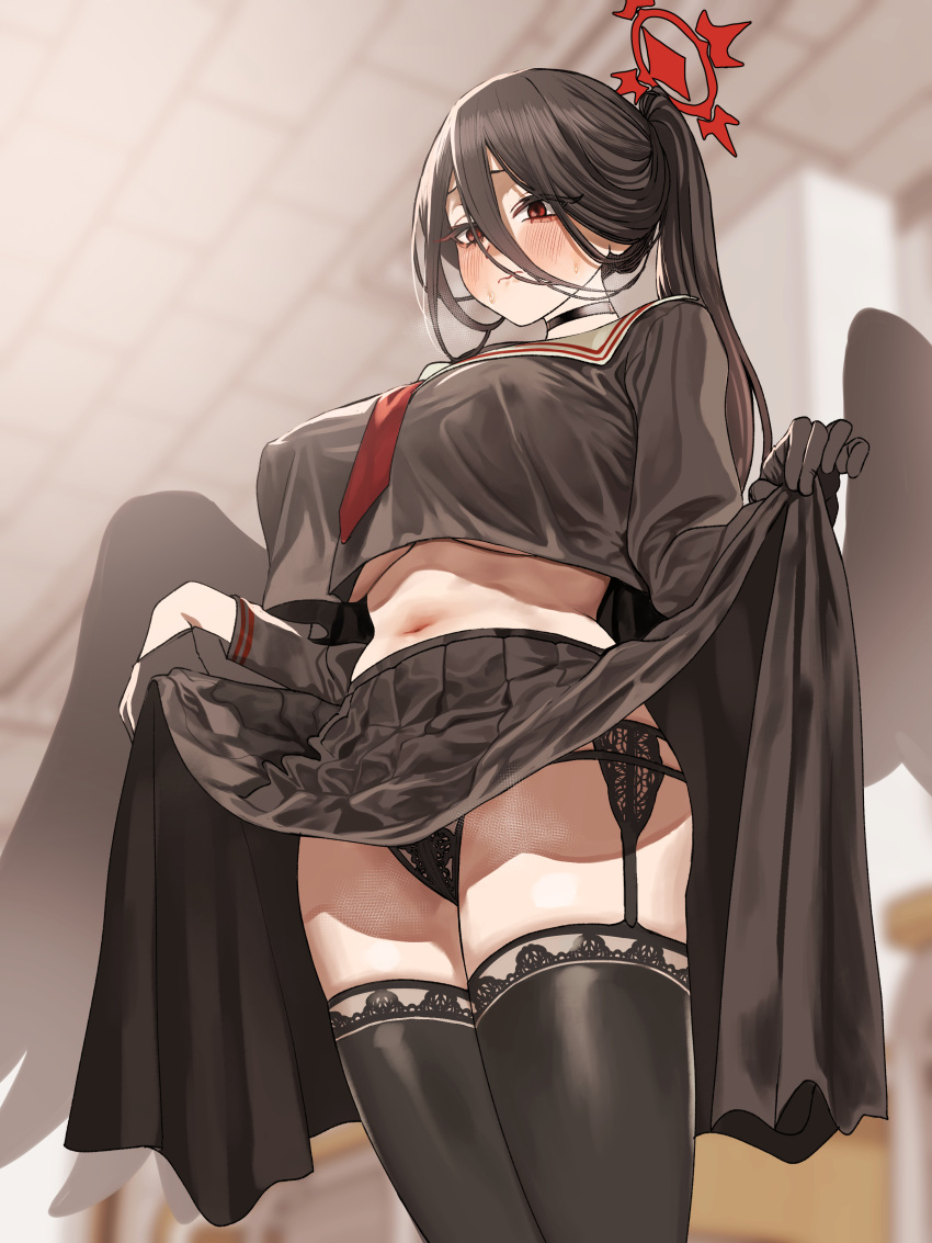 1girl absurdres alternate_hairstyle black_garter_belt black_garter_straps black_gloves black_hair black_panties black_serafuku black_thighhighs black_wings blue_archive blurry blurry_background blush breasts chroong closed_mouth clothes_lift commentary_request crop_top crop_top_overhang double-parted_bangs feathered_wings from_below garter_belt garter_straps gloves hair_between_eyes halo hasumi_(blue_archive) highres large_breasts lifted_by_self long_hair midriff mixed-language_commentary navel panties ponytail red_halo school_uniform serafuku skirt skirt_hold skirt_lift solo steaming_body stomach thighhighs thighs underwear wings