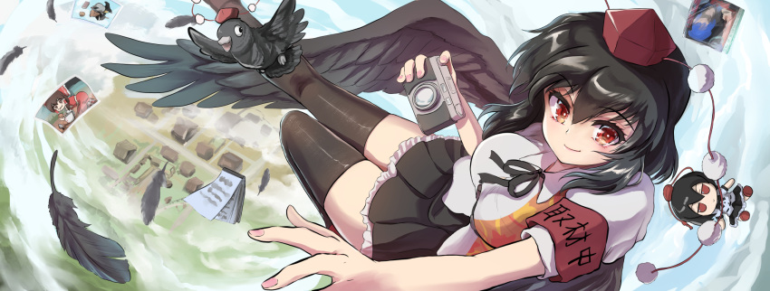1girl armband bird bird_wings black_feathers black_hair black_ribbon black_skirt black_thighhighs black_wings breasts camera character_doll closed_mouth commentary_request crow feathered_wings feathers flying frilled_skirt frills fumo_(doll) hakurei_reimu hat highres holding holding_camera jitome large_breasts leaf_print looking_at_viewer medium_hair miniskirt namiki_(remiter00) neck_ribbon notepad photo_(object) pleated_skirt pom_pom_(clothes) puffy_short_sleeves puffy_sleeves red_eyes red_headwear ribbon shameimaru_aya shameimaru_aya_(crow) shirt short_sleeves skirt smile solo thighhighs tokin_hat touhou white_shirt wings zettai_ryouiki