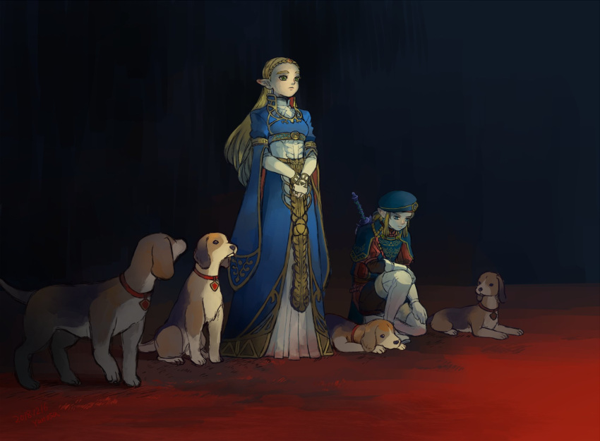 1boy 1girl animal blue_background blue_dress blue_headwear blue_tabard boots braid brown_pants closed_mouth crown_braid dog dress earrings gloves hat highres jewelry layered_sleeves link long_sleeves looking_ahead master_sword mutsuki_kaya on_one_knee own_hands_together pants pointy_ears princess_zelda puffy_short_sleeves puffy_sleeves red_shirt royal_guard_set_(zelda) shirt short_over_long_sleeves short_sleeves sidelocks sword sword_on_back tabard the_legend_of_zelda the_legend_of_zelda:_breath_of_the_wild thigh_boots weapon weapon_on_back white_dress white_footwear white_gloves
