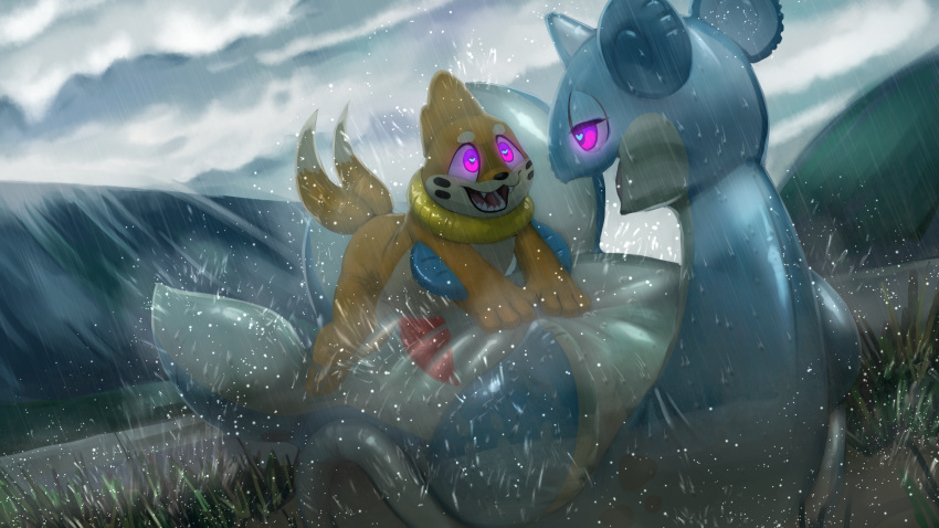 &lt;3 &lt;3_eyes 16:9 2023 4k absurd_res ambiguous_gender animate_inanimate anthro buizel detailed_background digital_drawing_(artwork) digital_media_(artwork) duo erection fangs fur generation_1_pokemon generation_4_pokemon genitals glowing glowing_eyes hi_res inflatable lapras living_inflatable male male/ambiguous mammal nintendo open_mouth orange_body orange_fur outside penis pokemon pokemon_(species) pool_toy raining sexotheque size_difference smile teeth water widescreen