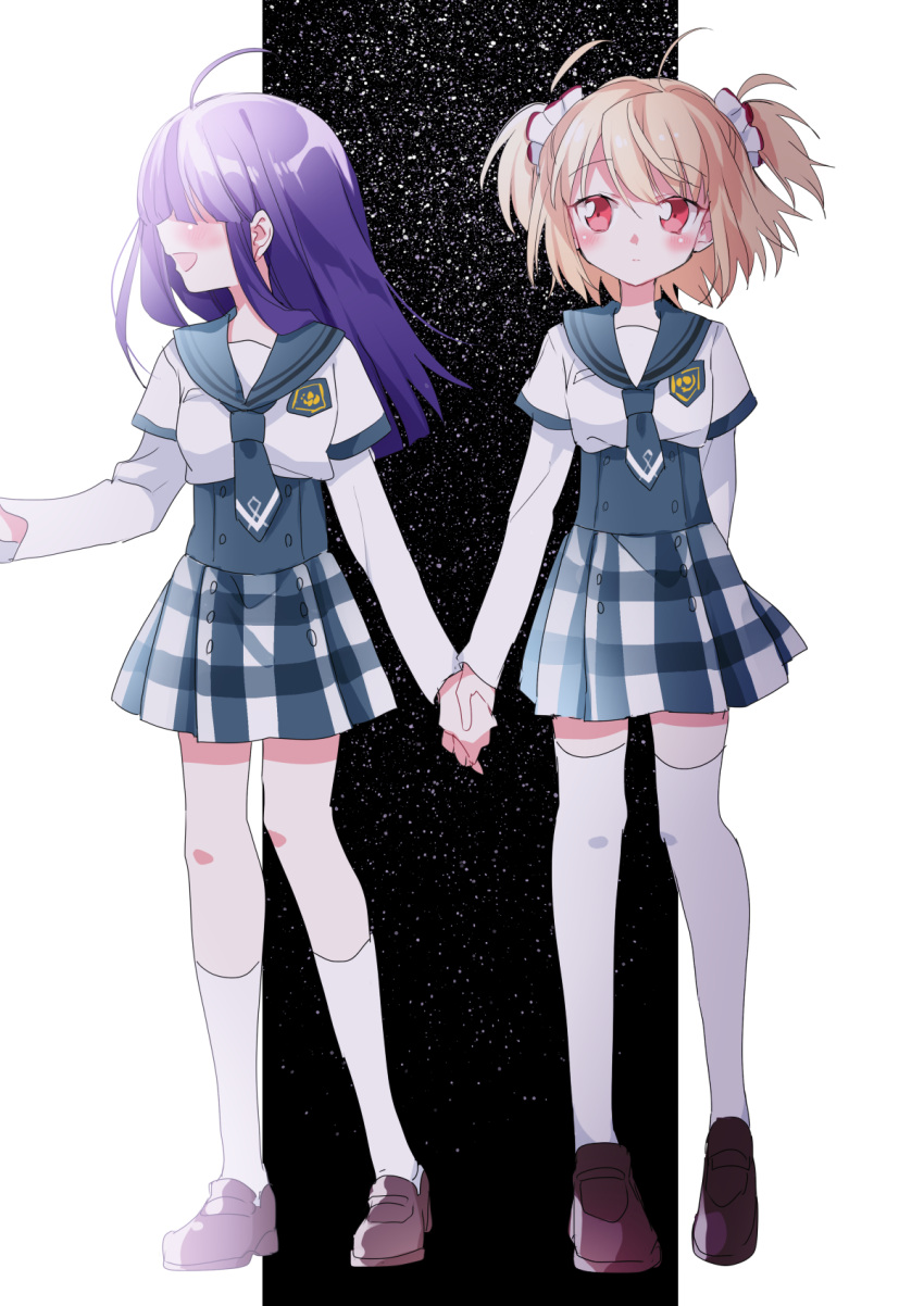 2girls :d ahoge ayano_rika ayumaru_(art_of_life) blonde_hair blue_necktie blue_sailor_collar blue_skirt breast_pocket chuuou_academy_school_uniform faceless faceless_female facing_to_the_side gingham_skirt hair_over_eyes highres holding_hands layered_sleeves loafers long_hair long_sleeves looking_at_another magia_record:_mahou_shoujo_madoka_magica_gaiden mahou_shoujo_madoka_magica miniskirt multiple_girls necktie open_mouth plaid plaid_skirt pleated_skirt pocket purple_hair red_eyes rika's_ex_(madoka_magica) sailor_collar school_emblem school_uniform serafuku shirt shoes short_hair short_necktie short_over_long_sleeves short_sleeves skirt smile socks standing thighhighs two_side_up white_shirt white_socks white_thighhighs yuri