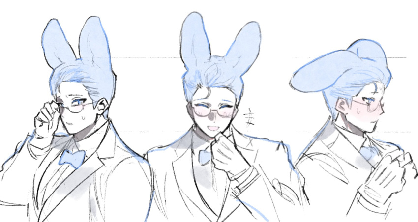 +++ 1boy adjusting_eyewear animal_ears blue_bow blue_bowtie blue_eyes blue_hair blush bow bowtie bright_pupils closed_eyes collared_jacket collared_shirt colored_eyelashes glasses gloves hand_up highres jacket long_sleeves looking_at_viewer male_focus multiple_views open_mouth original rabbit_boy rabbit_ears sasi_mozzi1 shirt short_hair simple_background sketch suit upper_body very_short_hair white_background white_gloves white_jacket white_shirt white_suit