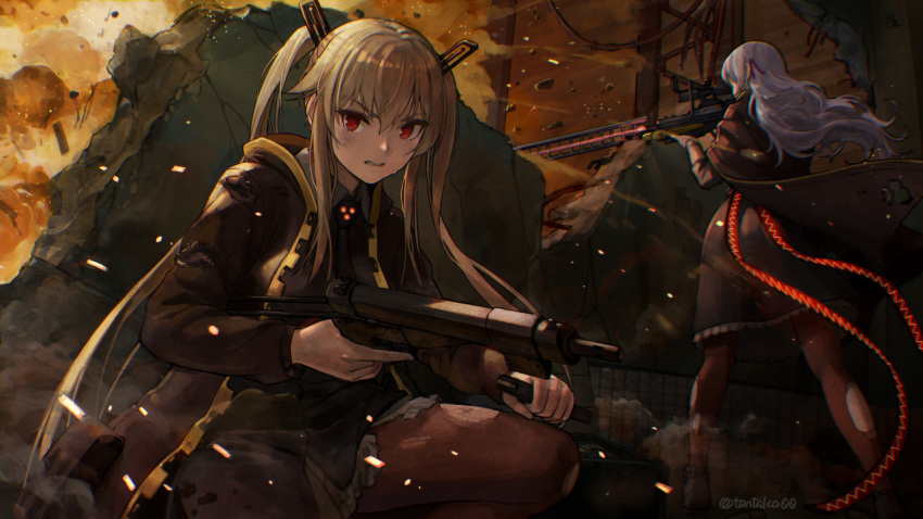 2girls belka_(marfusha) belt blonde_hair breasts cape commission explosion felicette_(marfusha) gun hair_between_eyes hair_ornament long_hair marfusha medium_breasts multiple_girls pantyhose purple_hair red_eyes rifle ruins skeb_commission sniper_rifle submachine_gun sweat tantaka twintails twitter_username weapon