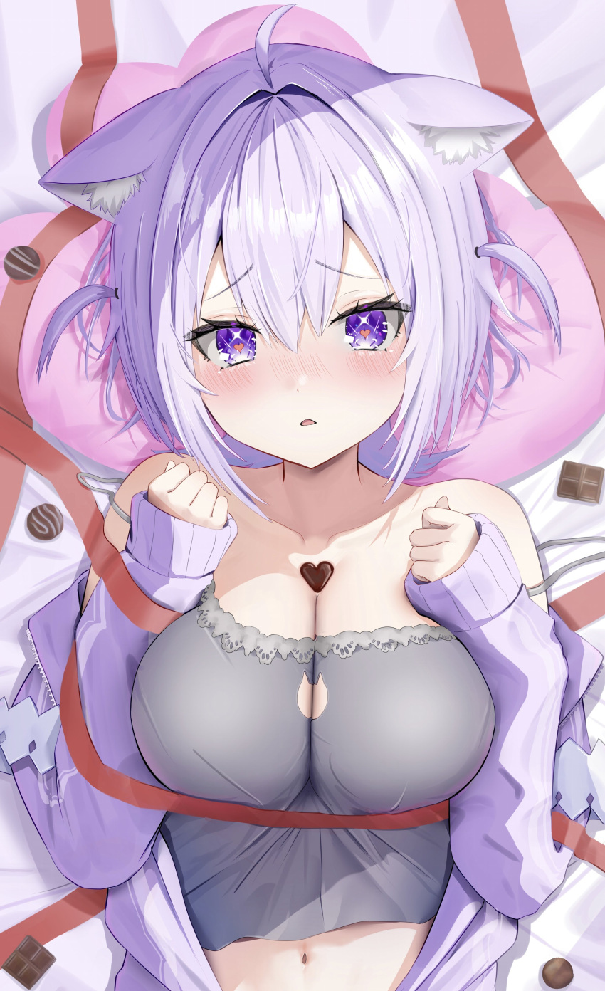 1girl absurdres ahoge animal_ear_fluff animal_ears black_shirt blush breasts candy cat_cutout cat_ears cat_girl chocolate chocolate_on_body chocolate_on_breasts cleavage cleavage_cutout clothing_cutout food food_on_body heart heart-shaped_chocolate highres hololive large_breasts medium_hair nekomata_okayu nekomata_okayu_(7th_costume) official_alternate_costume open_mouth purple_eyes purple_hair shirt solo torakichi_888 two_side_up virtual_youtuber