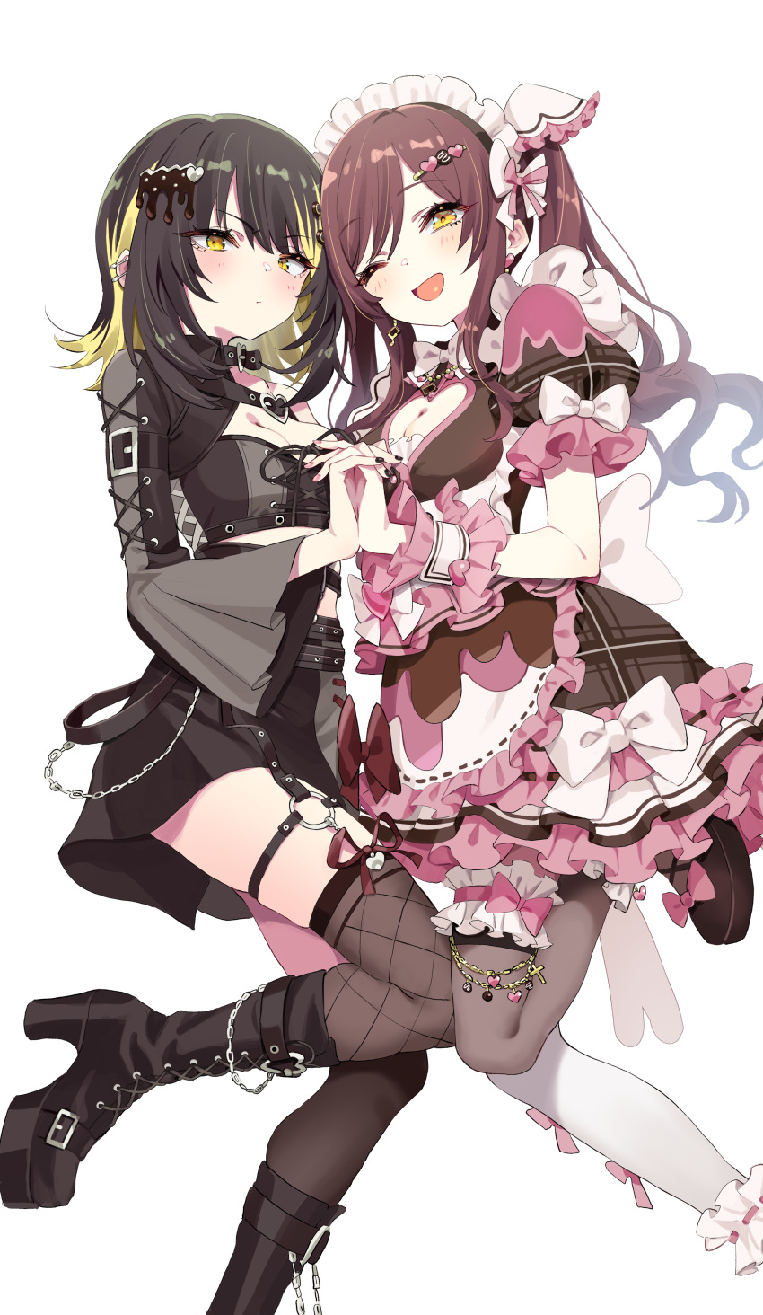 2girls absurdres black_hair black_nails black_pantyhose black_skirt blonde_hair boots breasts brown_hair cleavage closed_mouth dress high_heels highres holding_hands idolmaster idolmaster_shiny_colors idolmaster_shiny_colors_song_for_prism ikaruga_luca kunikune large_breasts multicolored_hair multiple_girls one_eye_closed open_clothes osaki_amana pantyhose simple_background skirt smile thighhighs valentine white_background yellow_eyes