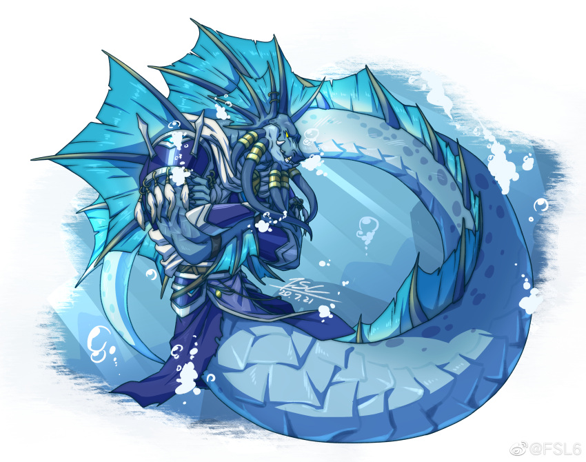 2020 absurd_res air_bubble anthro apode armor artist_name blizzard_entertainment blue_body blue_frill blue_scales clothing crossed_arms dated digital_media_(artwork) dorsal_fin dorsal_frill draconcopode fansl fin fin_piercing fin_ring frill_(anatomy) furgonomics furry-specific_piercing gauntlets gloves handwear head_crest head_fin head_frill hi_res legless male naga pauldron piercing reptile scales scalie scartiz_(eadriklacus) serpentine sharp_teeth signature snake solo tail tail_fin tail_frill teeth teeth_showing tentacle_beard tentacle_ring underwater warcraft water weibo weibo_logo yellow_sclera