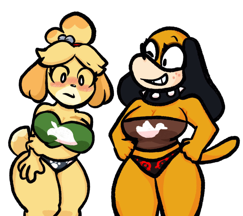 animal_crossing anthro big_breasts black_clothing black_panties black_underwear blush breasts brown_clothing brown_topwear canid canine canis clothing collar digital_drawing_(artwork) digital_media_(artwork) domestic_dog duck_hunt duck_hunt_dog duo female green_clothing green_topwear hand_on_arm hi_res huntress_(lewdewott) isabelle_(animal_crossing) lewdewott looking_at_another mammal nintendo one_eye_closed orange_body panties simple_background spiked_collar spikes standing tail thick_thighs topwear underwear white_background wink