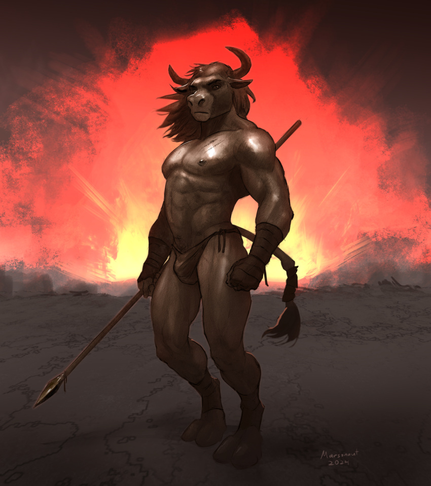 2024 5_fingers abs anthro barefoot bottomwear bovid bovine brown_body brown_fur brown_hair bulge clothed clothing european_mythology feet fingers fur greek_mythology hair hand_wraps hi_res hooves horn humanoid_hands loincloth male mammal marsonaut melee_weapon minotaur muscular muscular_anthro muscular_male mythology navel nipples pecs polearm regorest's_jungle_world solo spear standing topless topless_anthro topless_male weapon wraps