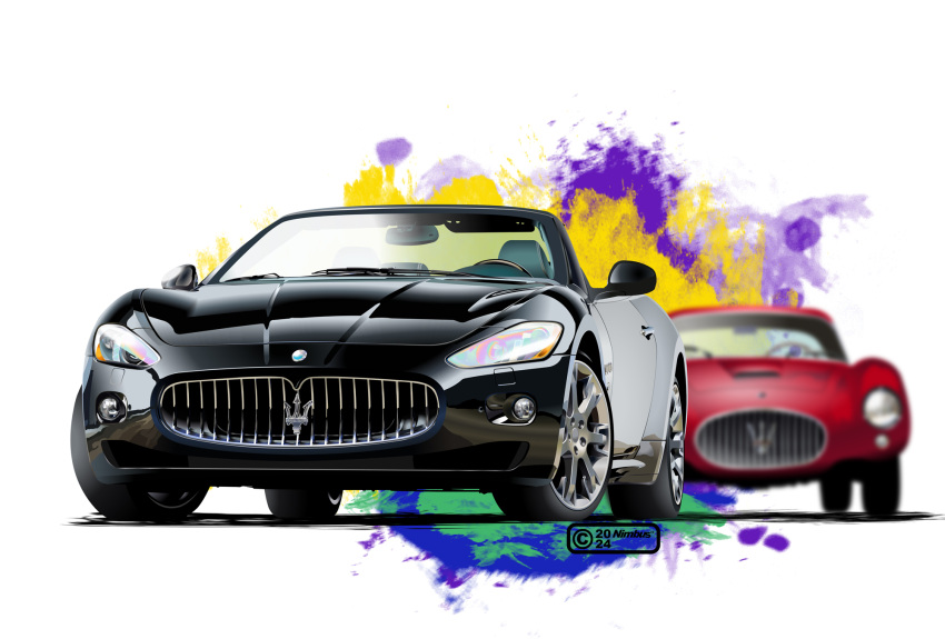 2024 artist_name blurry blurry_background car convertible highres maserati maserati_a6 maserati_granturismo motor_vehicle nimbus_goldbrum no_humans original paint_splatter realistic shadow sports_car vehicle_focus