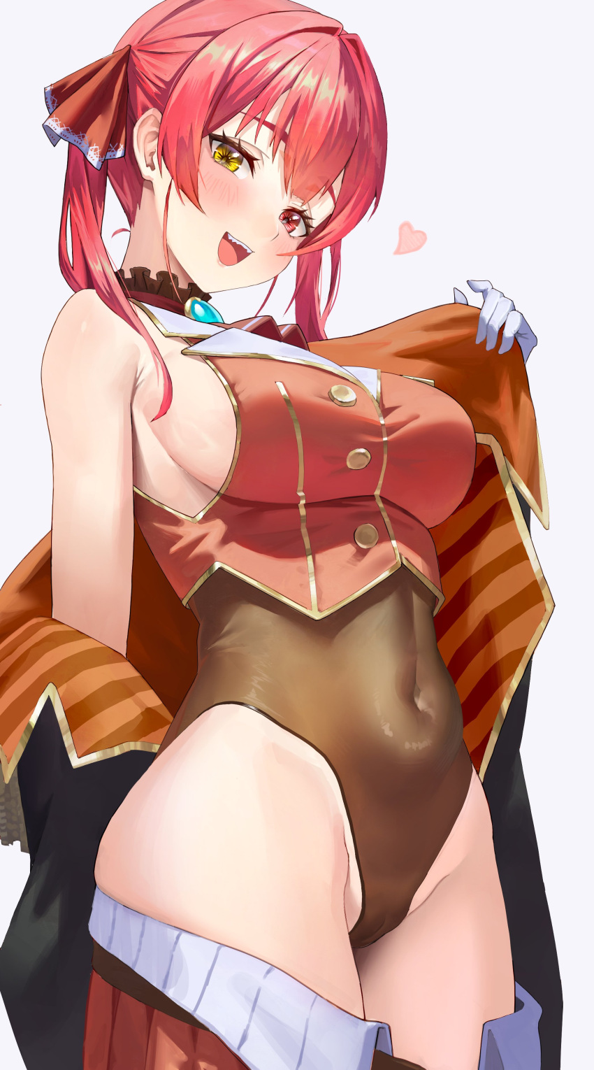 1girl :d absurdres belt black_coat blush breasts brooch brown_belt buttons cameltoe coat gloves gold_trim grey_background heart heterochromia highres hololive houshou_marine houshou_marine_(1st_costume) jacket jewelry kobayashi_(jna_x_rgh) large_breasts leather_belt leotard miniskirt navel open_mouth red_eyes red_hair red_jacket see-through see-through_leotard sharp_teeth sideboob simple_background skirt sleeveless sleeveless_jacket smile solo stomach striped_clothes teeth tongue twintails upper_teeth_only virtual_youtuber white_gloves yellow_eyes