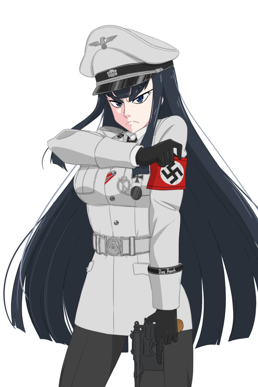 1girl armband black_cat03 black_eyes black_gloves black_hair black_pants closed_mouth cross frown gloves gun hat highres holding holding_gun holding_weapon iron_cross jacket kill_la_kill kiryuuin_satsuki long_hair looking_at_viewer nazi pants peaked_cap red_armband simple_background solo ss_insignia ss_uniform swastika thick_eyebrows totenkopf waffen-ss weapon white_background white_headwear white_jacket