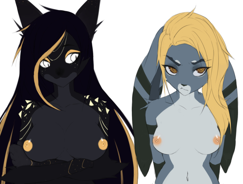 2019 annoyed anthro big_breasts black_body black_nose blonde_hair blonde_highlights blue_body blue_fur breasts brown_eyes countershading crossed_arms darkness_(deathbymc) digital_media_(artwork) dragon duo female fur grey_body grey_countershading grey_fur grumpy hair half-length_portrait hands_behind_back highlights_(coloring) lagomorph leporid long_hair looking_aside looking_at_another mammal monotone_hair multicolored_body multicolored_fur multicolored_hair nipples orange_nipples portrait rabbit rofortyseven tali_(deathbymc) two_tone_body two_tone_fur two_tone_hair white_eyes yellow_nipples