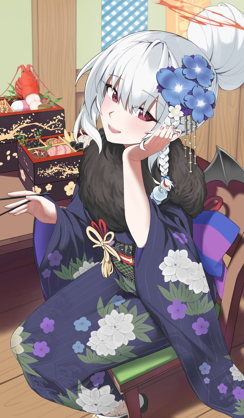 1girl absurdres black_kimono blue_archive blue_flower blush braid chair chopsticks floor flower grey_hair hair_flower hair_ornament halo haruna_(blue_archive) haruna_(new_year)_(blue_archive) highres holding holding_chopsticks japanese_clothes kimono long_hair long_sleeves looking_at_viewer obi official_alternate_costume open_mouth osechi red_eyes red_halo sash side_braid sitting smile solo wide_sleeves wo475712