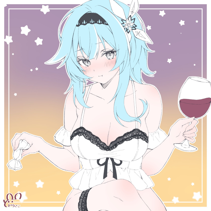 1girl :t absurdres alcohol alternate_costume bare_shoulders blue_hair blush border breasts camisole candy cleavage collarbone commentary_request crossed_legs cup detached_sleeves dodosako drinking_glass eula_(genshin_impact) food frilled_sleeves frills genshin_impact gradient_background grey_eyes hair_ornament hands_up highres holding holding_candy holding_cup holding_food inset_border lace-trimmed_camisole lace_trim large_breasts medium_hair outline purple_background signature solo star_(symbol) thigh_strap upper_body white_border white_camisole white_outline wine wine_glass yellow_background