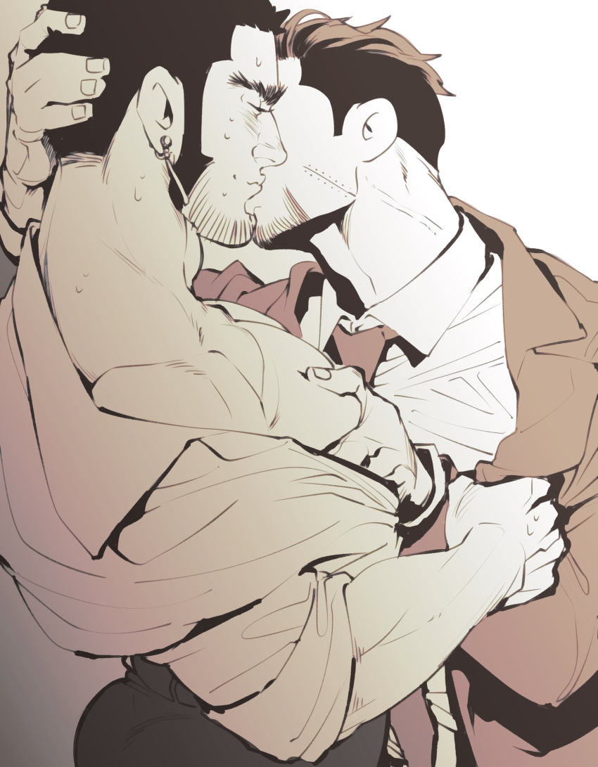 2boys bara beard_stubble brown_theme buzz_cut chest_hair closed_eyes couple facial_hair french_kiss from_side golden_kamuy grabbing hand_on_another's_head highres kasuke_(li_tgknk) kiss loose_hair_strand male_focus mature_male monochrome multiple_boys muscular muscular_male muscular_uke off_shoulder ogata_hyakunosuke pectoral_cleavage pectoral_grab pectorals profile shirt_tug short_hair sleeves_rolled_up stubble sweat tanigaki_genjirou thick_eyebrows undressing_another upper_body very_short_hair yaoi