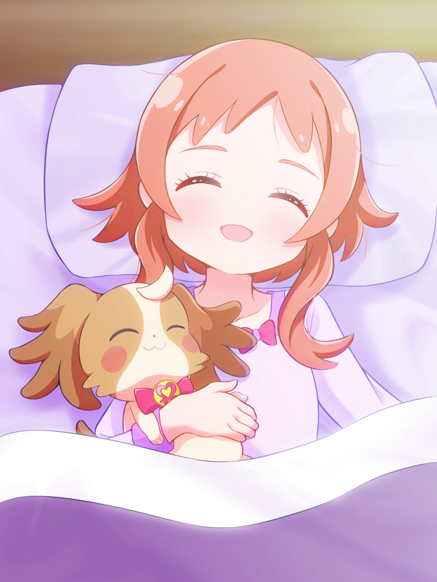 1girl absurdres bed_sheet beenyan_1203 blanket blush blush_stickers bow brown_hair closed_eyes dog facing_viewer head_tilt highres inukai_iroha inukai_komugi inukai_komugi_(dog) no_nose open_mouth papillon_(dog) pillow pink_bow precure purple_shirt shirt short_hair_with_long_locks sleeping smile upper_body wonderful_precure!