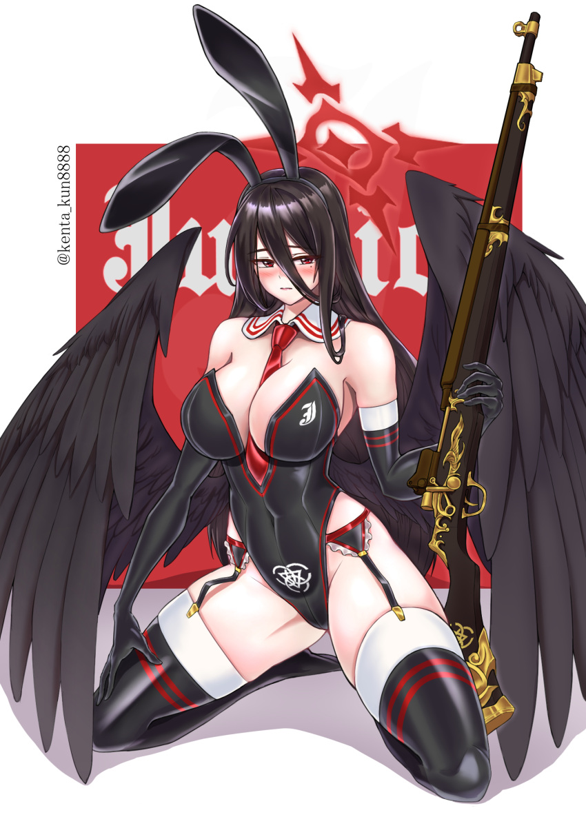 1girl animal_ears belt black_thighhighs black_wings breasts garter_straps gun hasumi_(blue_archive) highres holding holding_gun holding_weapon kenta_kun8888 large_breasts long_hair playboy_bunny rabbit_ears thighhighs weapon wings