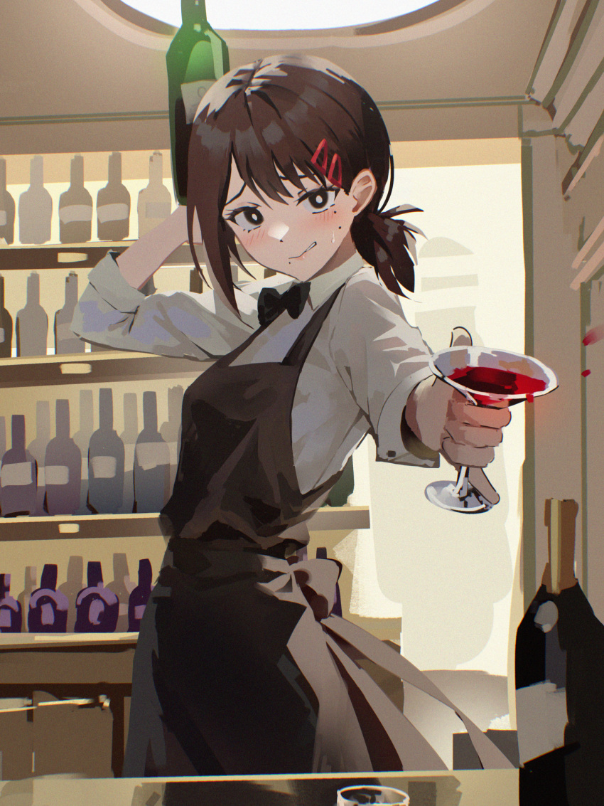 1girl alcohol apron bar_(place) black_apron black_bow black_bowtie blush bottle bow bowtie brown_eyes brown_hair chainsaw_man closed_mouth collared_shirt cowboy_shot cup danraz0r dress_shirt drinking_glass english_commentary furrowed_brow grey_apron hair_ornament hairclip hand_up higashiyama_kobeni highres holding holding_cup indoors looking_at_viewer medium_hair mole mole_under_eye mole_under_mouth multiple_moles nervous_smile outstretched_arm parted_lips shirt short_ponytail single_sidelock smile solo standing sweatdrop white_shirt wine_bottle wine_glass