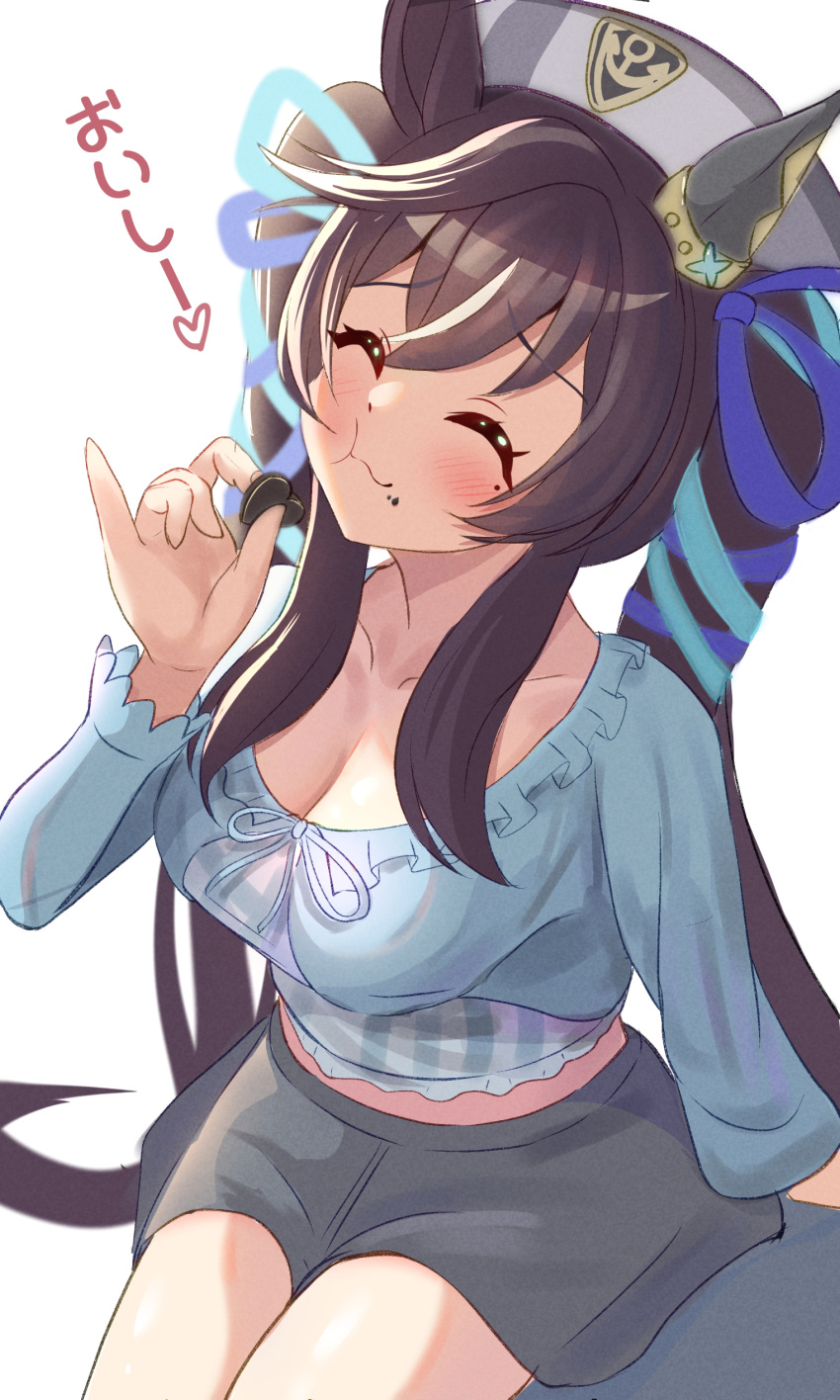 1girl :t absurdres animal_ears blue_ribbon blue_shirt breasts brown_hair chewing chocolate cleavage ear_covers facing_up food food_on_face grey_skirt hair_ribbon highres holding holding_food horse_ears horse_girl large_breasts long_hair midriff mole mole_under_eye multicolored_hair pinky_out ribbon shirt shuten_(shutehaan) simple_background single_ear_cover skirt solo streaked_hair twintails umamusume vivlos_(umamusume) white_background white_hair white_headwear