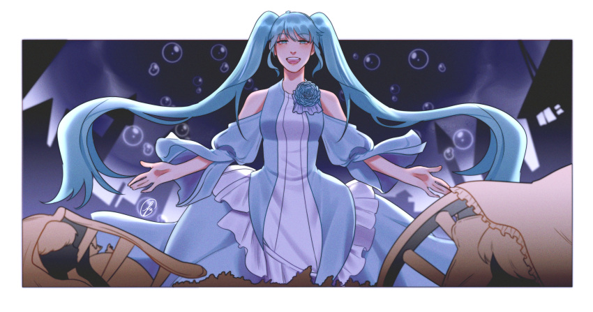 1girl absurdres aqua_eyes aqua_rose bare_shoulders bubble building clothing_cutout cloud cloudy_sky dress dress_flower evil_smile evillious_nendaiki false_smile fisheye floating_hair frilled_dress frills half-closed_eyes hatsune_miku highres light_blue_dress lilithappiness long_hair margarita_blankenheim nemurase_hime_kara_no_okurimono_(vocaloid) open_mouth puffy_sleeves shoulder_cutout sidelocks silhouette sky smile solo solo_focus twintails very_long_hair vocaloid wide_sleeves