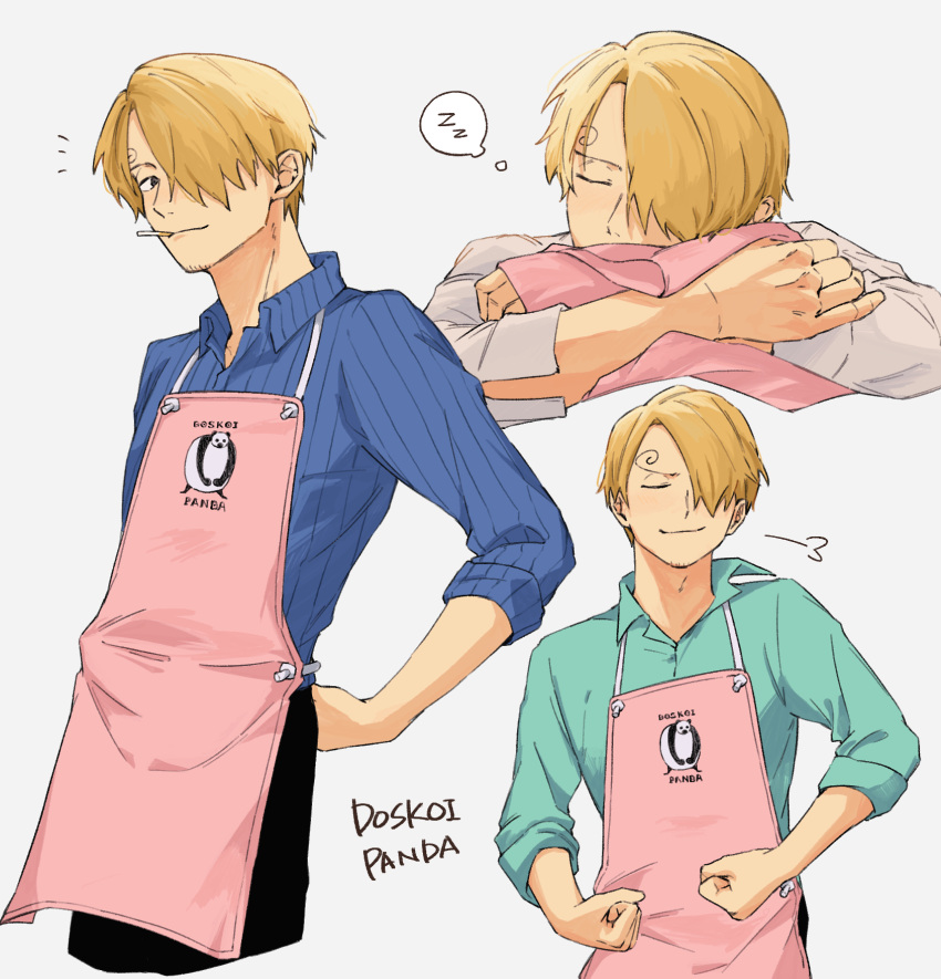 &gt;_&lt; 1boy :3 adjusting_clothes apron beard_stubble blonde_hair blue_shirt cigarette clenched_hands closed_eyes collared_shirt commentary cropped_legs curly_eyebrows facial_hair grin hair_over_one_eye highres iqracha long_bangs male_focus one_piece panda pants pink_apron sanji_(one_piece) shirt short_hair simple_background sleeping smile smoking smug striped_clothes stubble thought_bubble white_background white_shirt x3 zzz