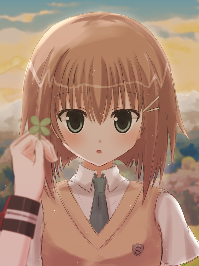 1girl 1other :o blurry blush brown_sweater_vest clover collared_shirt commentary day depth_of_field eyes_visible_through_hair four-leaf_clover green_eyes green_necktie hair_between_eyes hair_ornament hairclip highres holding holding_clover light_brown_hair looking_at_viewer mahigu_re mamiya_hasaki necktie open_mouth outdoors pov pov_hands school_uniform shirt short_hair short_sleeves solo_focus straight-on subarashiki_hibi surprised sweater_vest upper_body white_shirt