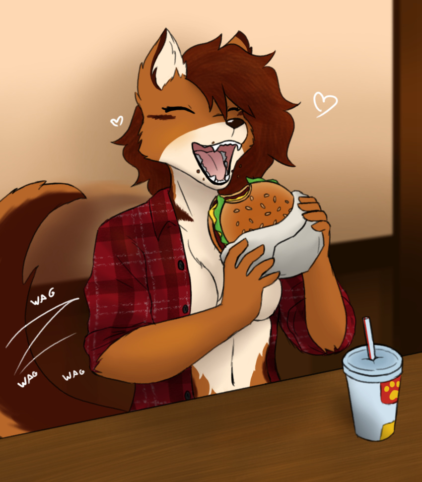 &lt;3 2023 anthro beverage bread breasts brown_body brown_fur brown_hair burger canid canine canis cassidy_(twokinds) chest_tuft clothed clothing container crumbs digital_media_(artwork) eating english_text eyes_closed female food fur hair happy hi_res holding_object kawattame keidran lettuce mammal multicolored_body open_mouth orange_body pattern_clothing pattern_shirt pattern_topwear plaid plaid_clothing plaid_shirt plaid_topwear plant sesame_seeds shirt simple_background smile soda solo tail tail_motion tailwag teeth text tongue topwear tuft twokinds vegetable webcomic white_body wolf