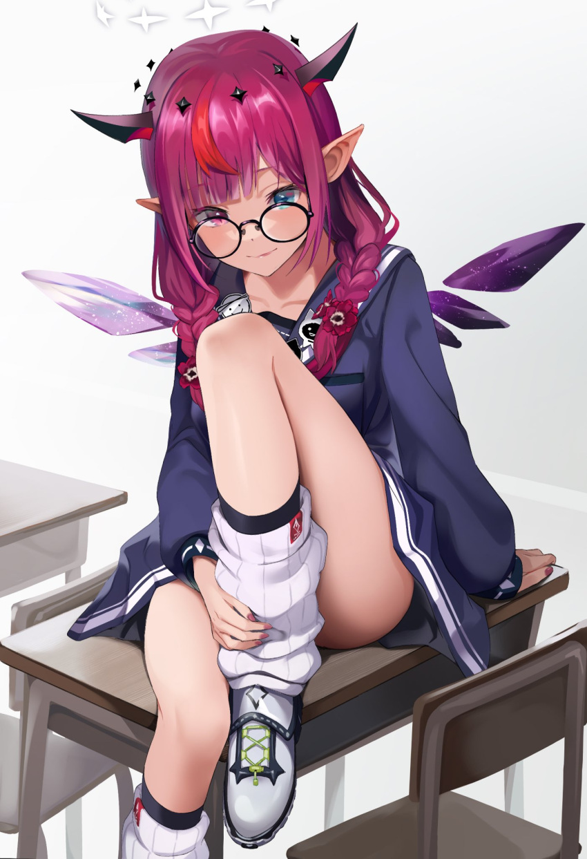 1girl blue_eyes blush braid breasts chair classroom closed_mouth collarbone desk double_halo flower full_body glasses hair_flower hair_ornament halo hashtag_only_commentary highres hololive hololive_english horns irys_(gamer)_(hololive) irys_(hololive) looking_at_viewer medium_breasts on_desk pink_hair pointy_ears red_eyes red_hair round_eyewear sailor_collar school_chair school_desk school_uniform shoes simple_background sitting sitting_on_desk sneakers socks solo tateno_777 thighs twin_braids white_background wings