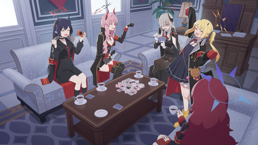 5girls armband black_gloves black_hair black_horns blonde_hair blue_archive breasts card chiaki_(blue_archive) closed_eyes coffee coffee_mug coin coin_on_string couch cup demon_horns food fruit gehenna_academy_logo gloves grey_hair hair_over_one_eye halo hat highres holding_pendulum holed_coin horns hypnotizing_viewer ibuki_(blue_archive) indoors iroha_(blue_archive) large_breasts long_hair makoto_(blue_archive) mandarin_orange mikan_battery mug multicolored_horns multiple_girls necktie on_couch open_mouth pandemonium_society_(blue_archive) pendulum pink_hair playing_card pointy_ears red_garter_straps red_hair red_halo red_necktie red_wrist_cuffs satsuki_(blue_archive) smile table two-tone_horns wrist_cuffs yellow_halo