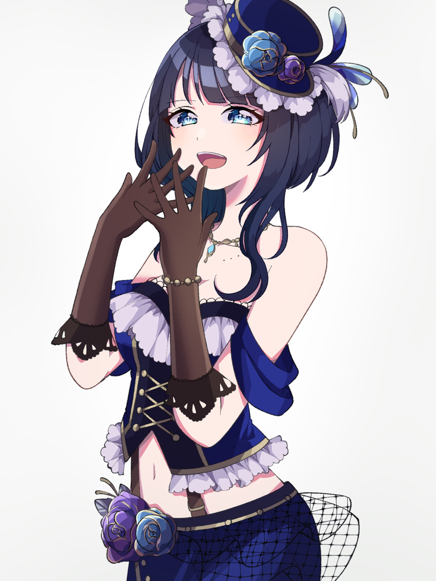 1girl asaka_karin black_gloves blue_eyes blue_hair blue_headwear blunt_bangs commentary commentary_request elbow_gloves flower gloves hat hat_flower highres jewelry kam_tuki lace_trim looking_at_viewer love_live! love_live!_nijigasaki_high_school_idol_club medium_hair mole mole_on_body mole_on_collarbone multiple_moles open_mouth sidelocks solo starlight_(love_live!) tilted_headwear upper_body white_background