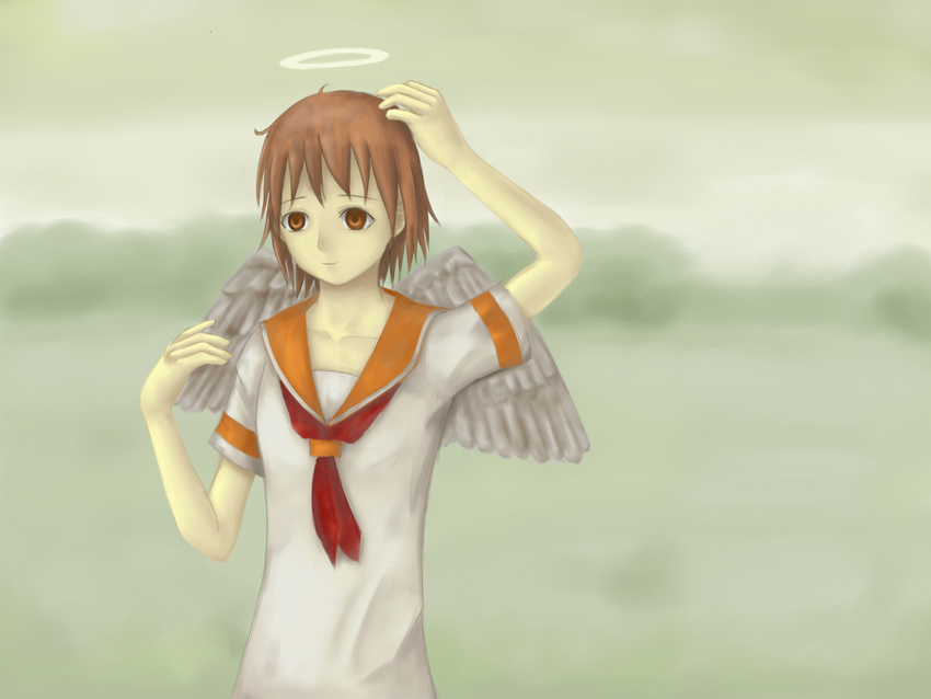 bad_id bad_pixiv_id brown_eyes brown_hair haibane_renmei halo highres kuma_panda messy_hair neckerchief orange_sailor_collar rakka red_neckwear sailor_collar short_hair solo static_cling wings