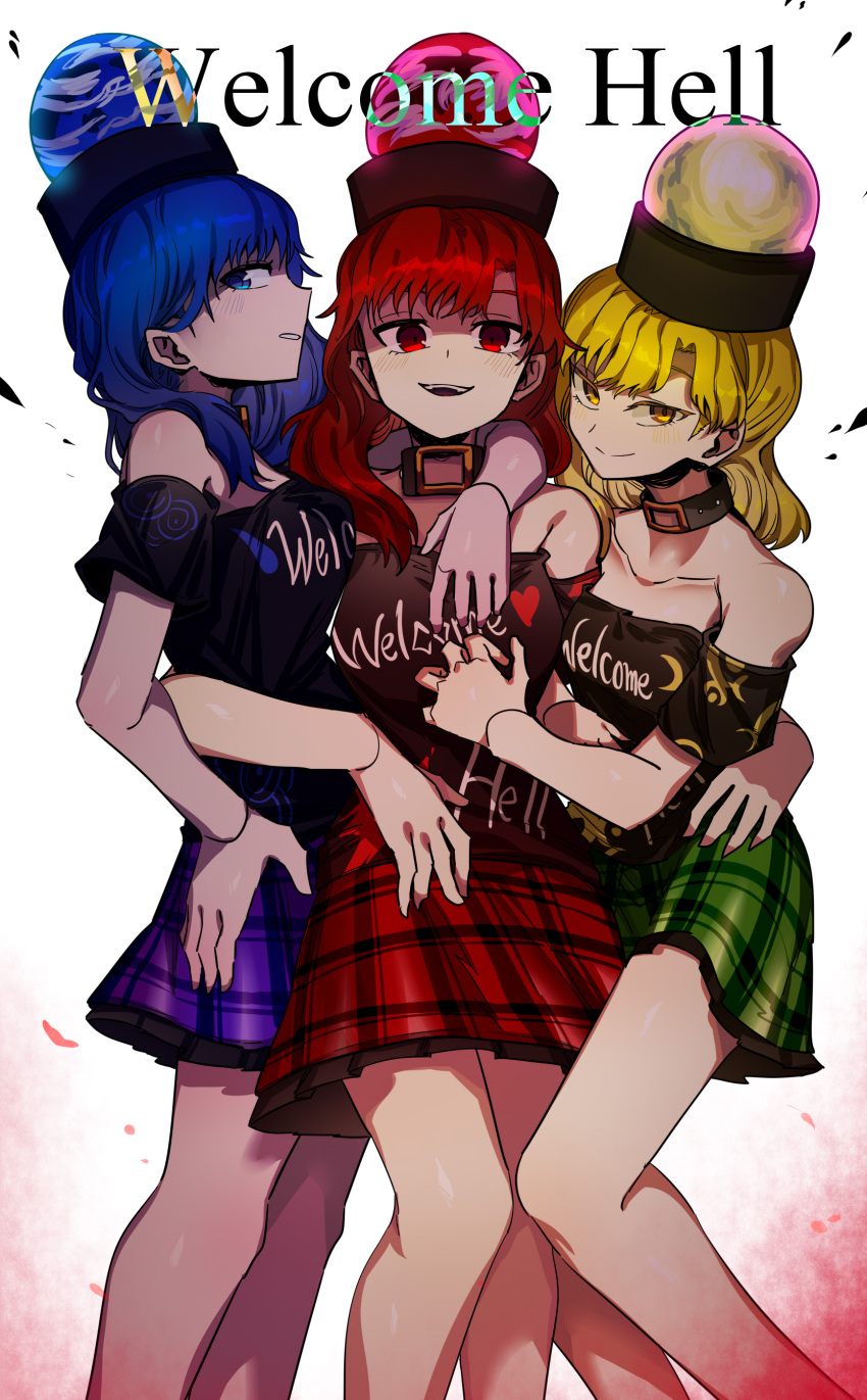 absurdres bare_shoulders black_shirt blonde_hair blue_eyes blue_hair choker clothes_writing collar collarbone english_text feet_out_of_frame frilled_skirt frills green_skirt hand_on_another's_hip hand_on_another's_shoulder hand_on_own_hip hecatia_lapislazuli hecatia_lapislazuli_(earth) hecatia_lapislazuli_(moon) highres hug ichirugi medium_hair miniskirt open_mouth plaid plaid_skirt print_shirt purple_skirt red_eyes red_hair shirt skirt t-shirt teeth touhou upper_teeth_only white_background yellow_eyes