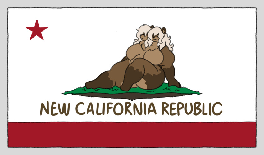 2_heads anthro bear belly bethesda_softworks big_breasts biped border breasts brown_bear brown_body california_flag catherine_(mexifurfoof) curvy_figure digital_drawing_(artwork) digital_media_(artwork) english_text fallout fallout_nv female flag flag_(object) fur grey_border hair mammal mexifurfoof multi_head ncr_(fallout) nippleless nude overweight overweight_female parody simple_background smile solo text thick_thighs ursine voluptuous wide_hips